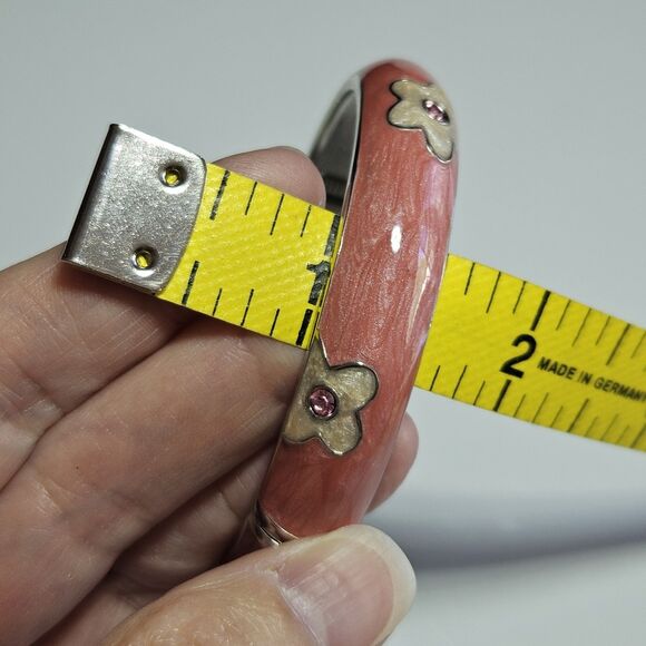 Silver Tone Pink And Cream Enamel Flower Hinged Bracelet 7.25" - Picture 11 of 16